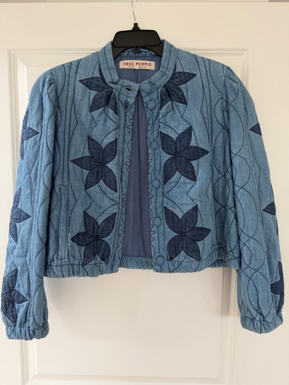 Free People Two-Tone Blue Quilted Floral Crop Jacket